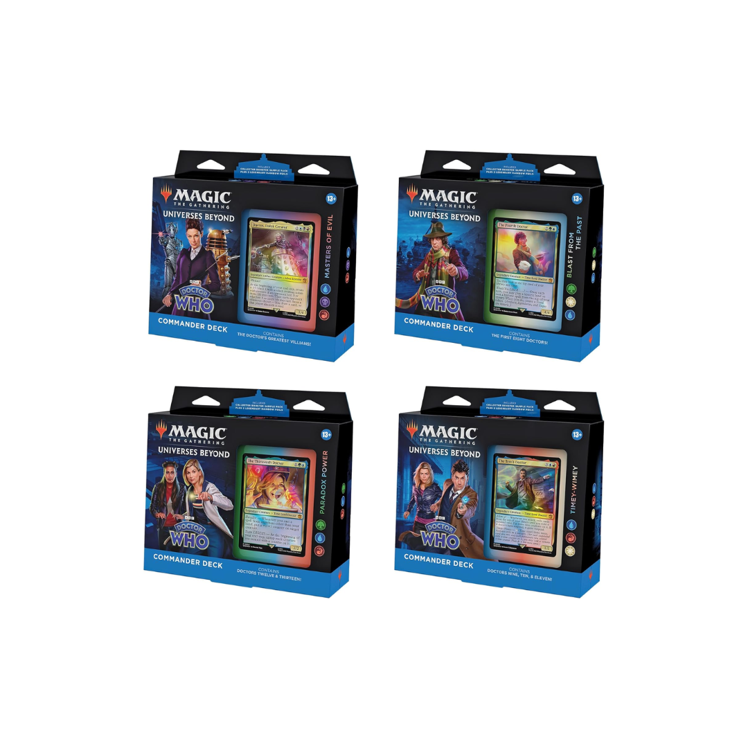 mtg doctor who commander deck Amazon.com: Magic: The Gathering Doctor Who Commander Deck Bundle Includes All 4 Decks (1 Masters of Evil, 1 Blast from The Past, 1 Timey-Wimey, and 1 Paradox Power Deck Set) : Toys & Games