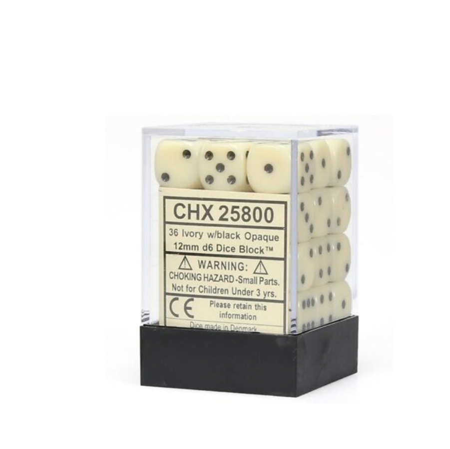 CHESSEX DICE BLOCK: OPAQUE IVORY W/BLACK - 12MM D6 (36)