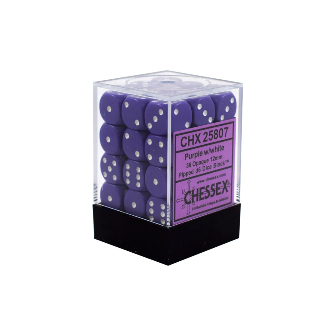 Opaque Purple/white 12mm d6 Dice Block (36 dice)