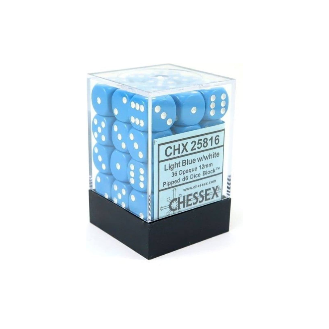 Opaque Light Blue/white 12mm d6 Dice Block (36 dice)